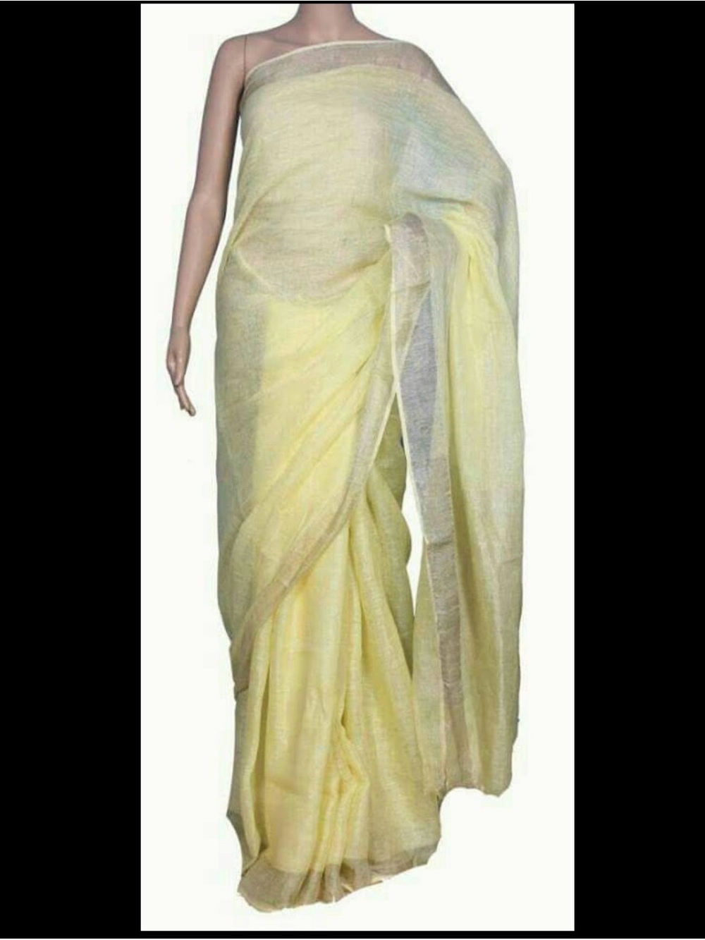 Light Yellow handwoven 100 linen count saree w silver zari border and tassels